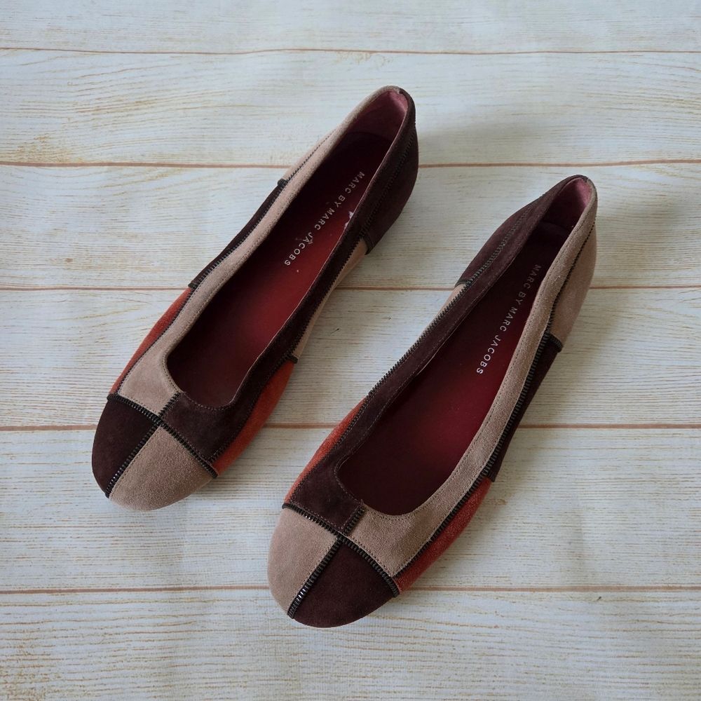 Marc By Marc Jacobs Suede Colorblock Zipper Round Toe Flats Brown Tan Size 40